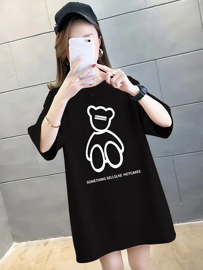 20/1 Penye Compack Ön Arka Baskılı Oversize Bisiklet Yaka T-shirt - Siyah -