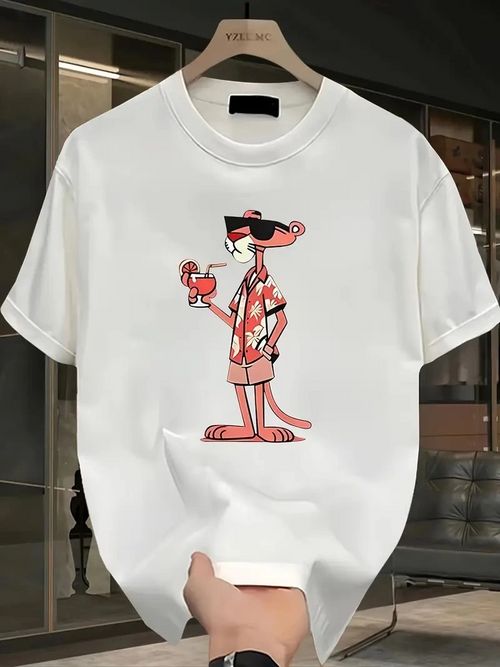 Pembe Panter Baskılı   Oversize Günlük Kısa Kollu Tişört- Beyaz -