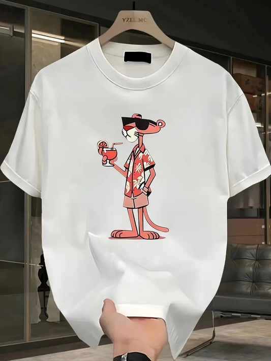 Pembe Panter Baskılı   Oversize Günlük Kısa Kollu Tişört- Beyaz -
