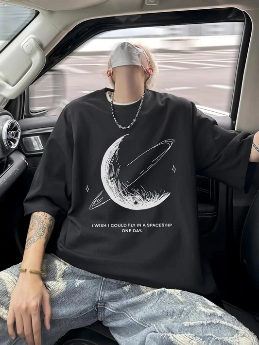 Siyah Tişört Grafik Genç Emo Vintage Gotik Rahat Büyük Beden Kısa Kollu Tişört- Siyah -