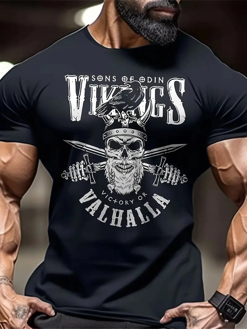 20/1 Penye Compack Vikings Valhalla Baskılı Oversize Bisiklet Yaka T-shirt - Siyah -