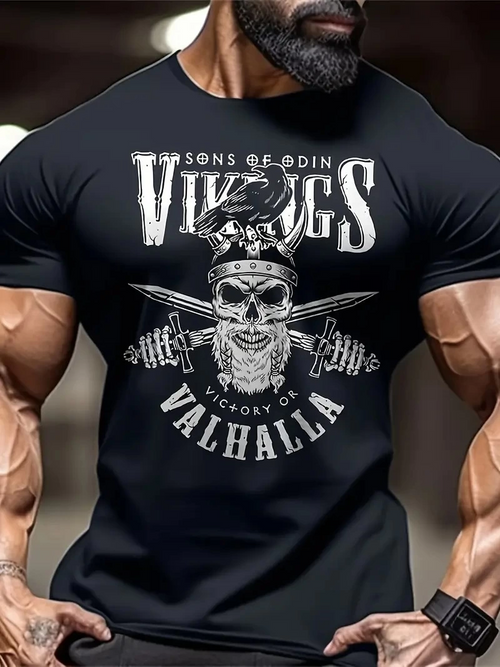 20/1 Penye Compack Vikings Valhalla Baskılı Oversize Bisiklet Yaka T-shirt - Siyah -