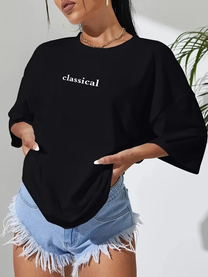 20/1 Penye Compack Classical Baskılı Siyah Oversize Tişort - Siyah -