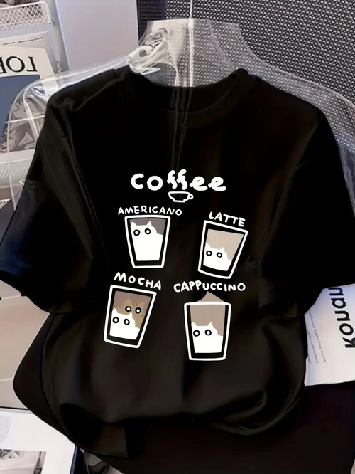 20/1 Penye Compack Baskılı Oversize Bisiklet Yaka Kısa Kol Yazlık T-shirt - Siyah -