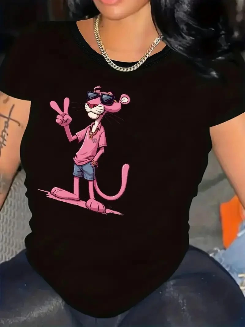 20/1 Penye Compack Pembe Panter Baskılı Oversize Bisiklet Yaka Kısa Kol Yazlık T-shirt - Beyaz -