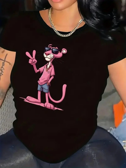 20/1 Penye Compack Pembe Panter Baskılı Oversize Bisiklet Yaka Kısa Kol Yazlık T-shirt - Beyaz -