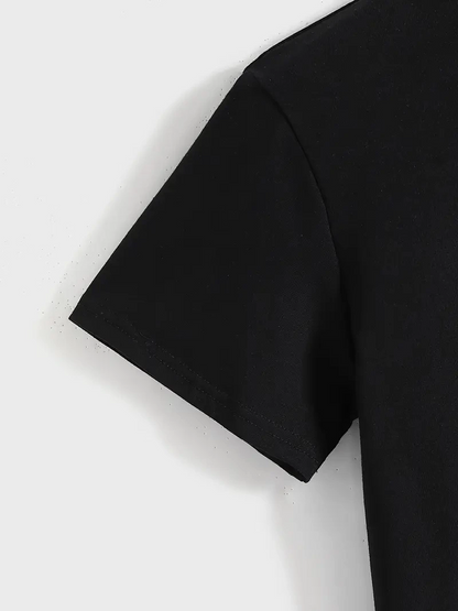 20/1 Penye Compack Baskılı Oversize Kısa Kol Bisiklet Yaka T-shirt - Siyah -