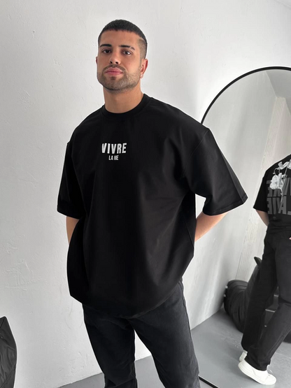 Baskılı Oversize Bisiklet Yaka T-shirt - Siyah -