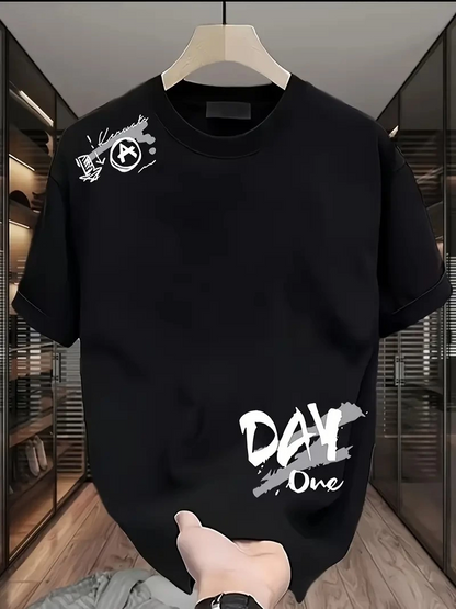 20/1 Penye Compack Day One Baskılı Oversize Bisiklet Yaka T-shirt - Siyah -