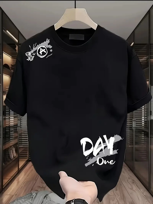 20/1 Penye Compack Day One Baskılı Oversize Bisiklet Yaka T-shirt - Siyah -