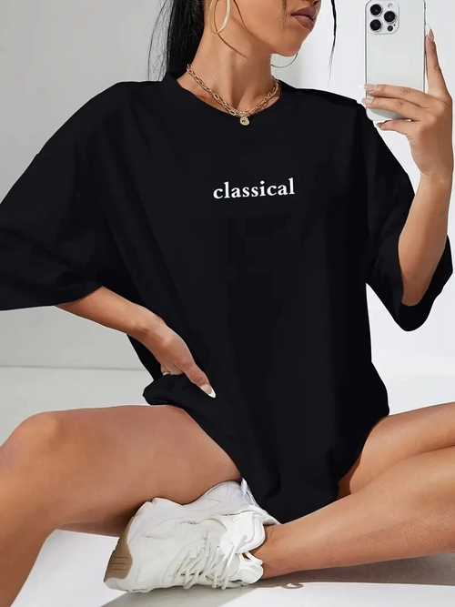 20/1 Penye Compack Classical Baskılı Siyah Oversize Tişort - Siyah -