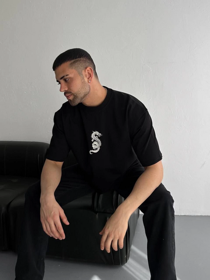 Baskılı Oversize Bisiklet Yaka T-shirt - Siyah -