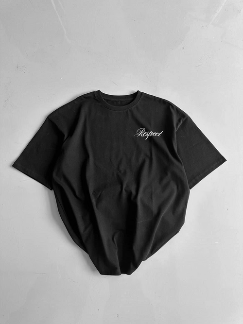 20/1 Penye Compack Baskılı Oversize Bisiklet Yaka Kısa Kol Yazlık T-shirt - Siyah -