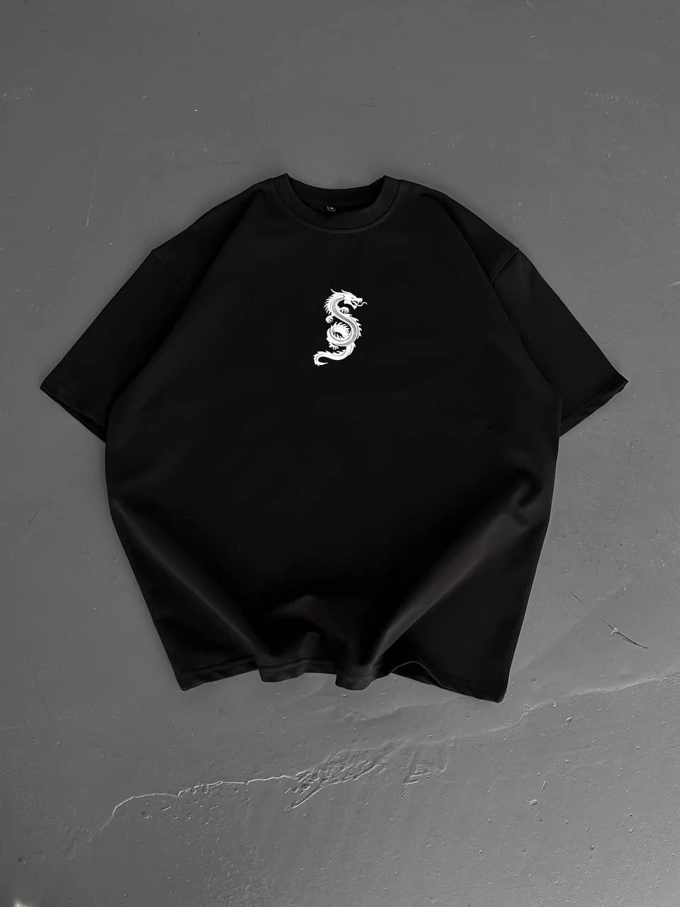 Baskılı Oversize Bisiklet Yaka T-shirt - Siyah -