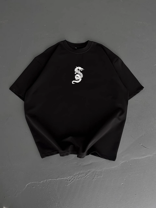 Baskılı Oversize Bisiklet Yaka T-shirt - Siyah -