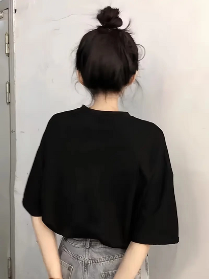 20/1 Penye Compack Baskılı Oversize Kısa Kol Bisiklet Yaka T-shirt - Siyah -