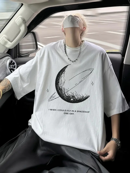 Siyah Tişört Grafik Genç Emo Vintage Gotik Rahat Büyük Beden Kısa Kollu Tişört- Beyaz -