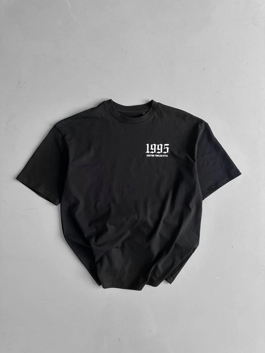 20/1 Penye Compack Baskılı Oversize Bisiklet Yaka Kısa Kol Yazlık T-shirt - Siyah -