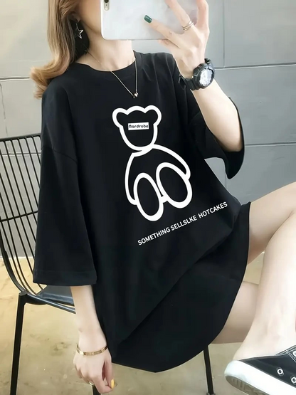 20/1 Penye Compack Ön Arka Baskılı Oversize Bisiklet Yaka T-shirt - Siyah -
