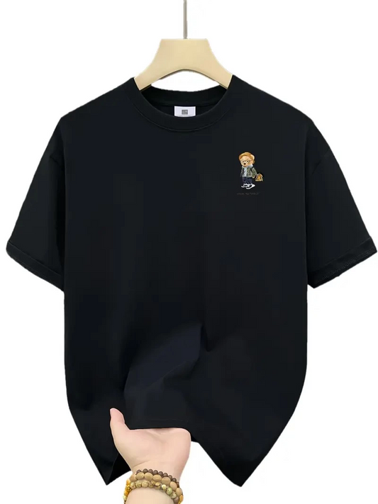 20/1 Penye Compack Gözlüklü Ayı Baskılı Oversize Bisiklet Yaka   T-shirt - Siyah -