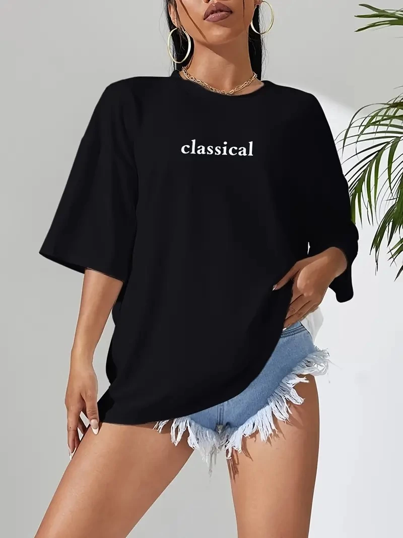 20/1 Penye Compack Classical Baskılı Siyah Oversize Tişort - Siyah -