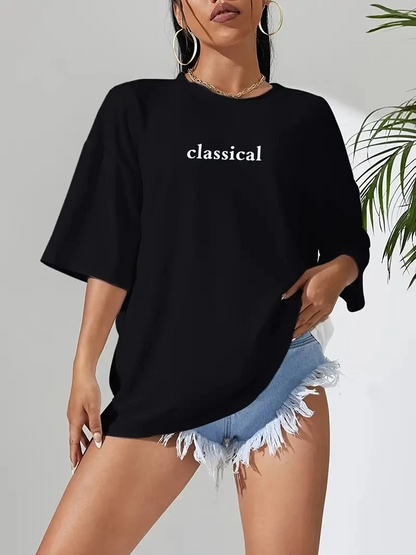 20/1 Penye Compack Classical Baskılı Siyah Oversize Tişort - Siyah -