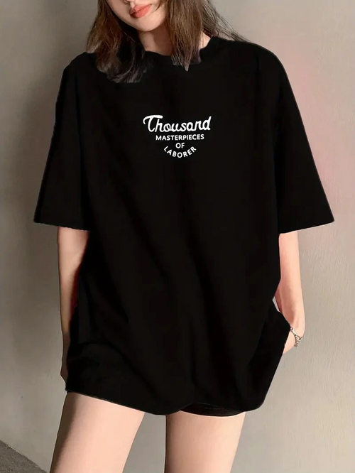 Thousand Ön Arka Baskılı Oversize Bisiklet Yaka T-shirt - Siyah -