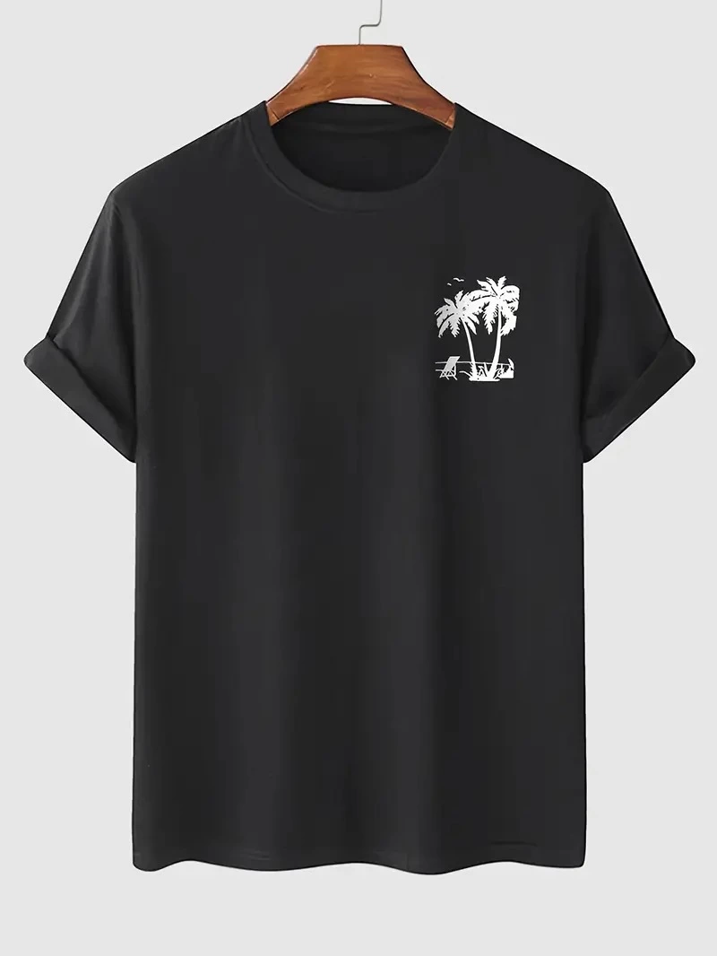 20/1 Penye Compack Palmiye Ön Baskılı Oversize Bisiklet Yaka Kısa Kol Yazlık T-shirt - Siyah -