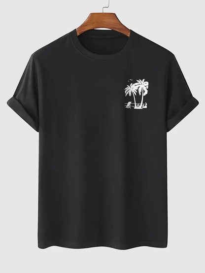 20/1 Penye Compack Palmiye Ön Baskılı Oversize Bisiklet Yaka Kısa Kol Yazlık T-shirt - Siyah -