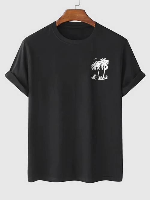 20/1 Penye Compack Palmiye Ön Baskılı Oversize Bisiklet Yaka Kısa Kol Yazlık T-shirt - Siyah -