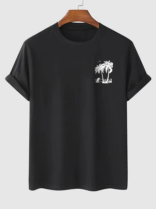 20/1 Penye Compack Palmiye Ön Baskılı Oversize Bisiklet Yaka Kısa Kol Yazlık T-shirt - Siyah -