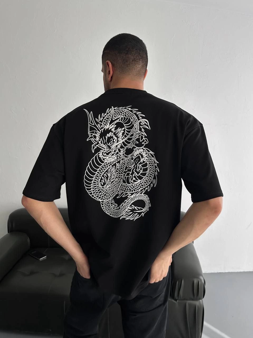 Baskılı Oversize Bisiklet Yaka T-shirt - Siyah -