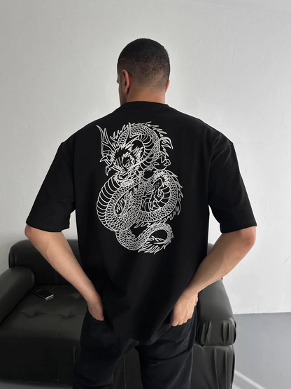 Baskılı Oversize Bisiklet Yaka T-shirt - Siyah -