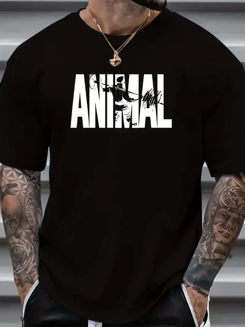 ANIMAL Desen Baskı   Oversive Tişört,  Sporda ve Günlük Giyime Uygun - Siyah -