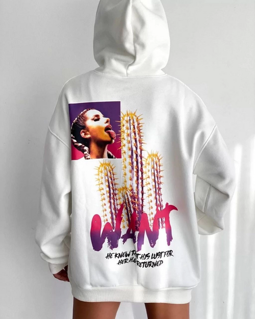 Baskılı Üç İplik Kapüşonlu Oversize Sweatshirt - Beyaz -