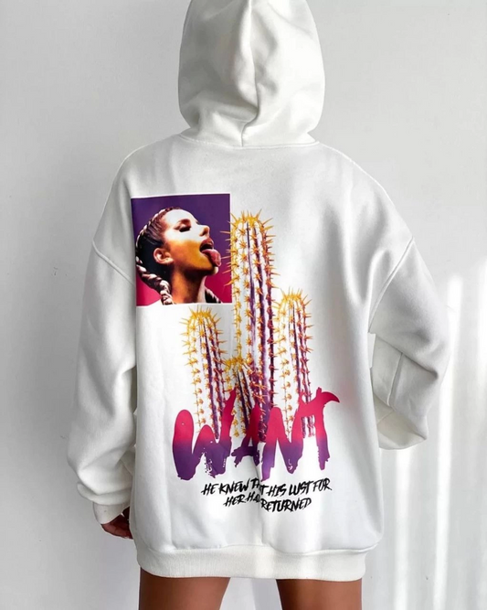 Baskılı Üç İplik Kapüşonlu Oversize Sweatshirt - Beyaz -