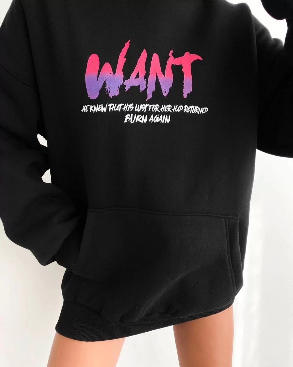 Baskılı Üç İplik Kapüşonlu Oversize Sweatshirt - Siyah -