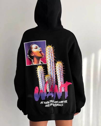 Baskılı Üç İplik Kapüşonlu Oversize Sweatshirt - Siyah -