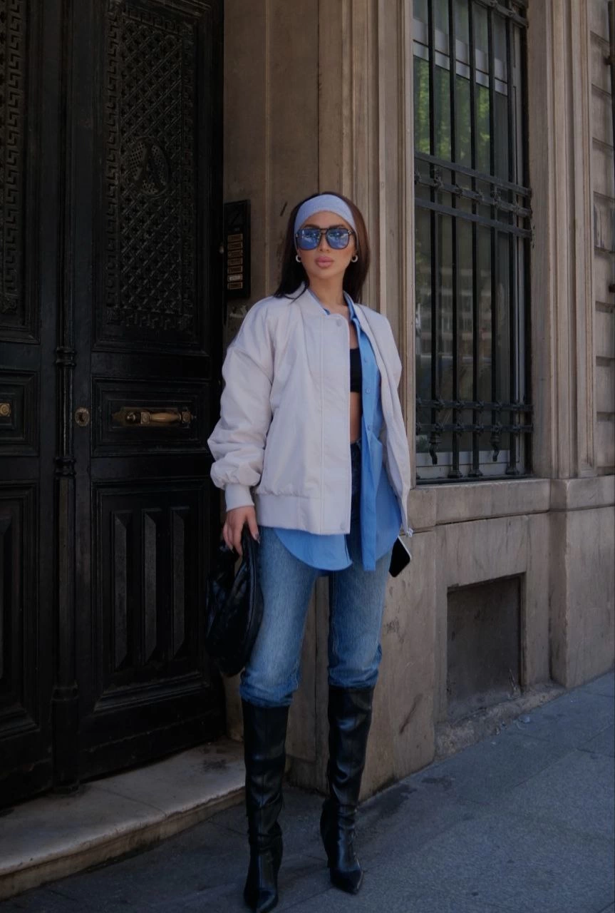 Cepli Bomber Ceket Mont - Beyaz -