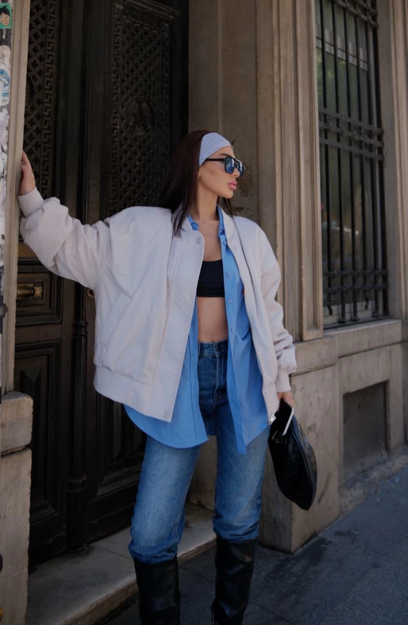 Cepli Bomber Ceket Mont - Beyaz -