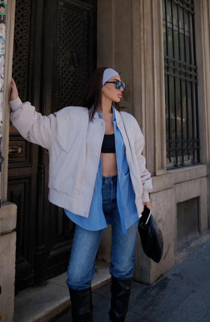 Cepli Bomber Ceket Mont - Beyaz -