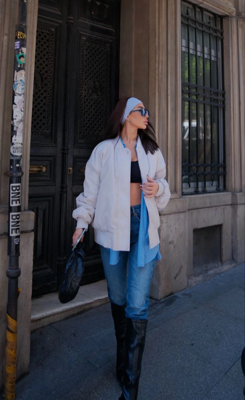 Cepli Bomber Ceket Mont - Beyaz -