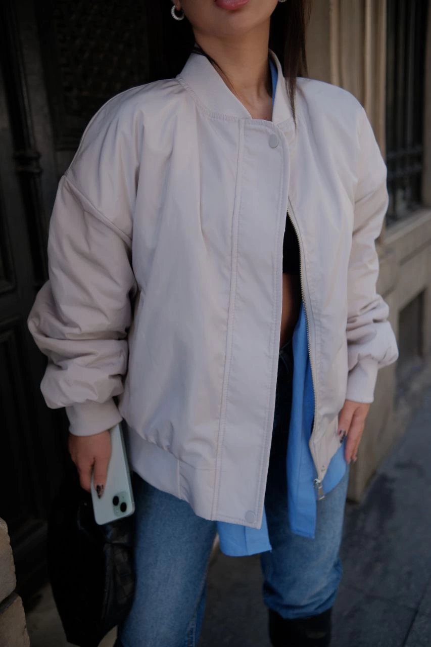 Cepli Bomber Ceket Mont - Beyaz -