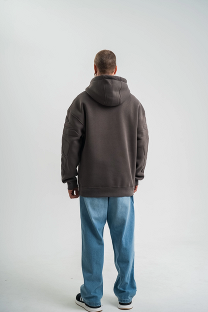 Erkek Nakışlı Kapüşonlu Oversize 3 İplik Pamuklu SweatShirt Hoodie - Füme
