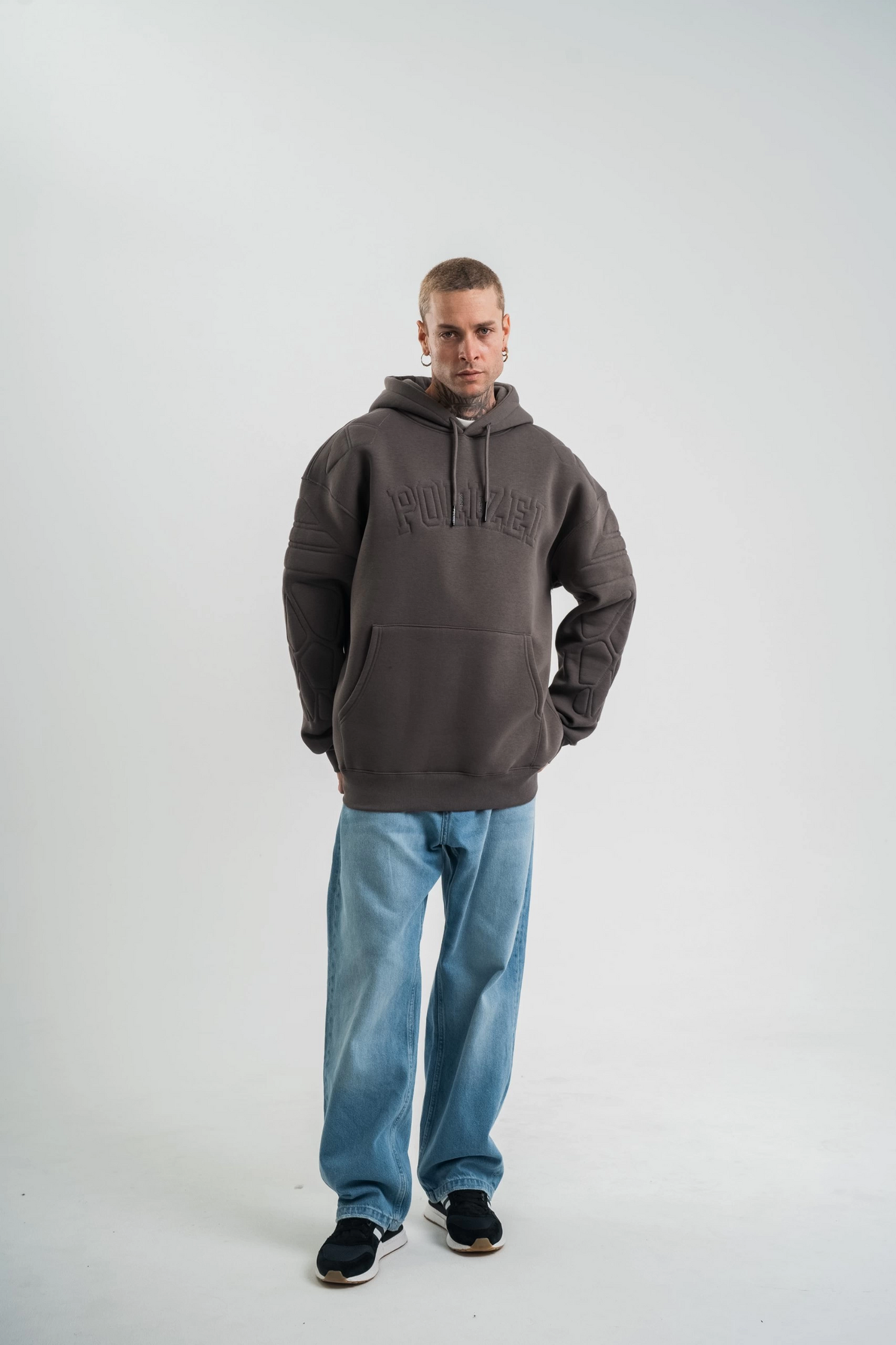 Erkek Nakışlı Kapüşonlu Oversize 3 İplik Pamuklu SweatShirt Hoodie - Füme