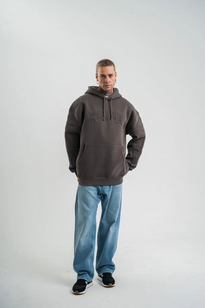 Erkek Nakışlı Kapüşonlu Oversize 3 İplik Pamuklu SweatShirt Hoodie - Füme