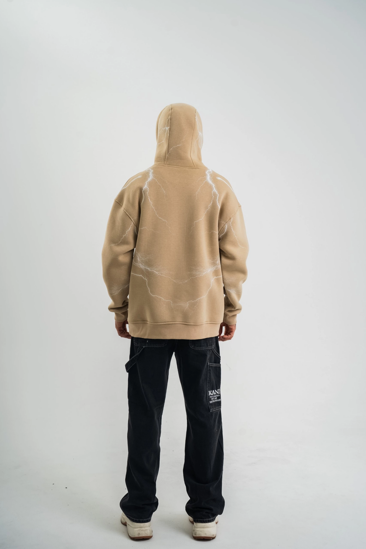 Erkek Baskılı Kapüşonlu Oversize 3 İplik Pamuklu SweatShirt Hoodie - Bej