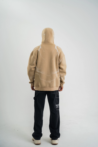 Erkek Baskılı Kapüşonlu Oversize 3 İplik Pamuklu SweatShirt Hoodie - Bej