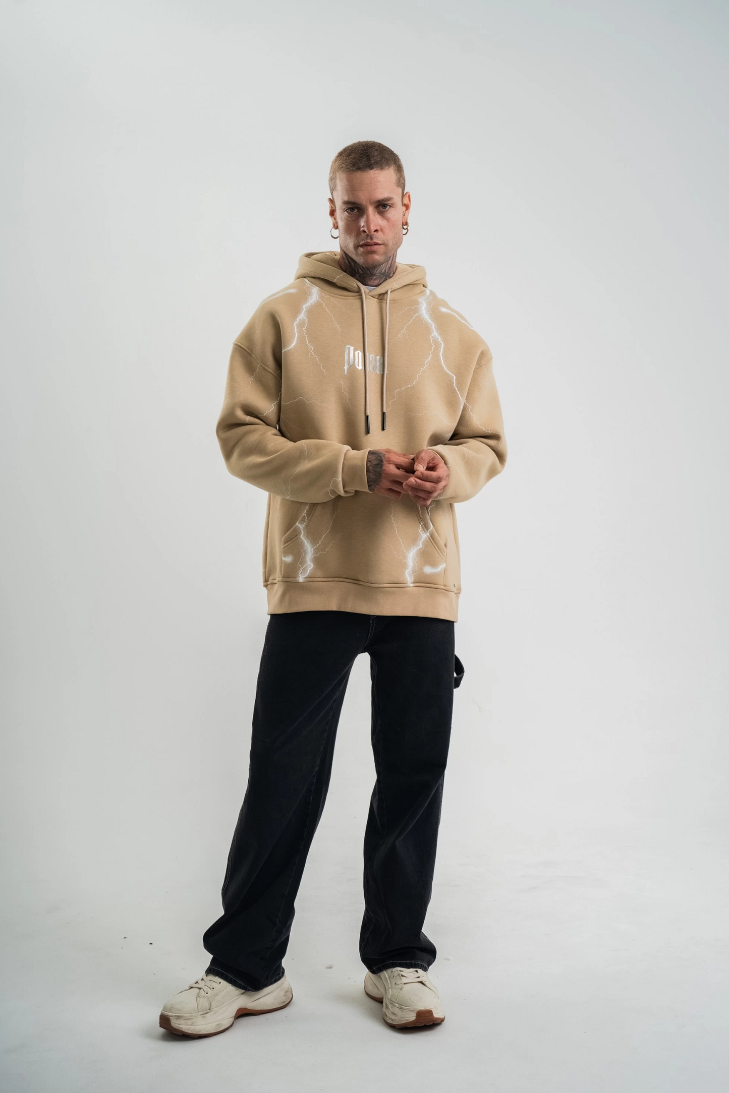 Erkek Baskılı Kapüşonlu Oversize 3 İplik Pamuklu SweatShirt Hoodie - Bej