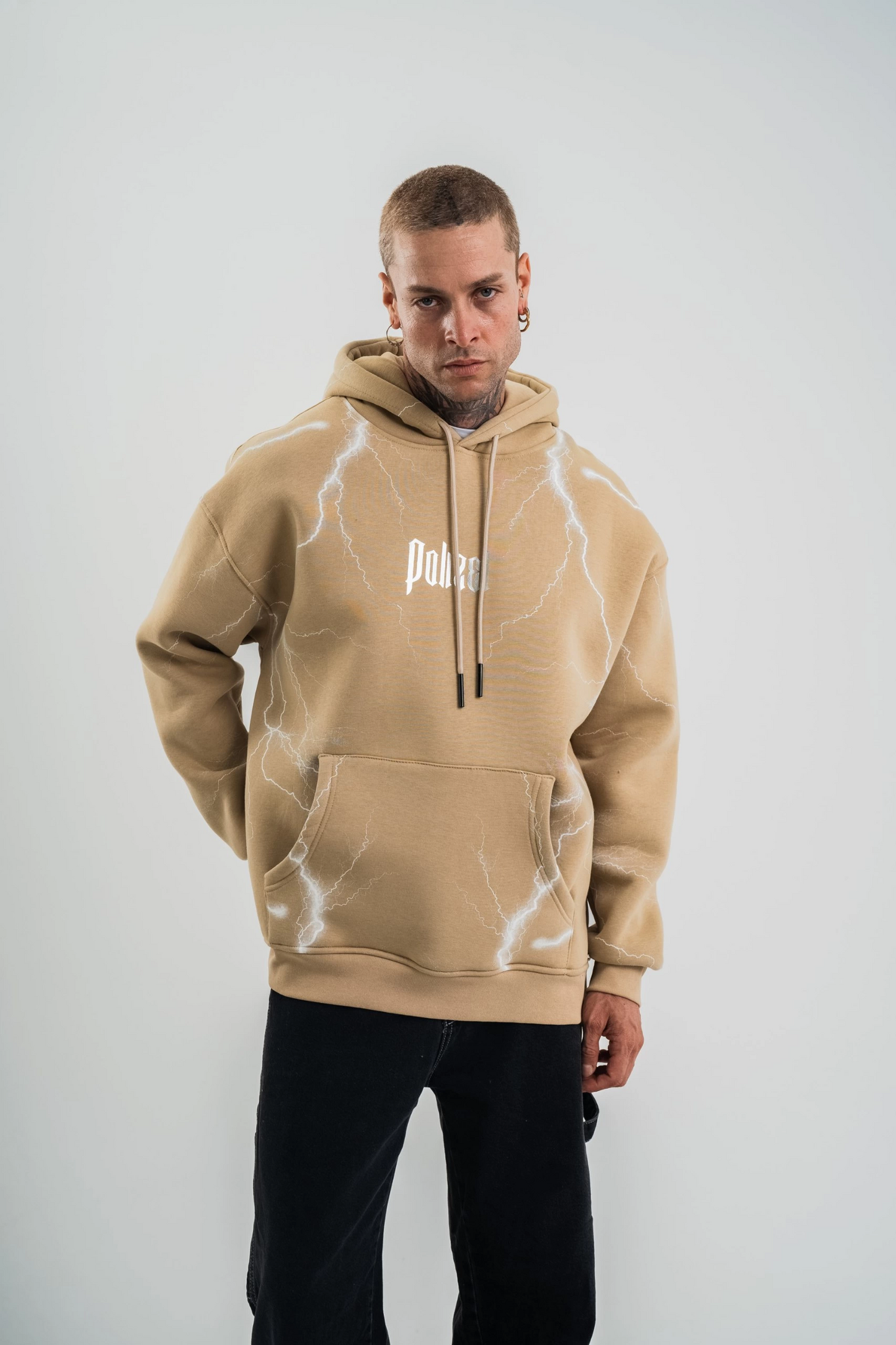 Erkek Baskılı Kapüşonlu Oversize 3 İplik Pamuklu SweatShirt Hoodie - Bej